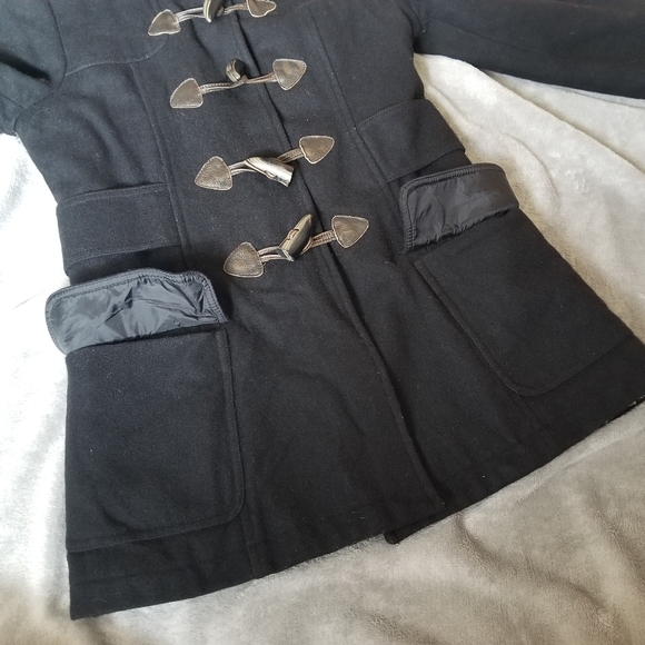 American Eagle Wool Leather Wooden Toggle SM PeaCoat Hooded Womens - Picture 2 of 11